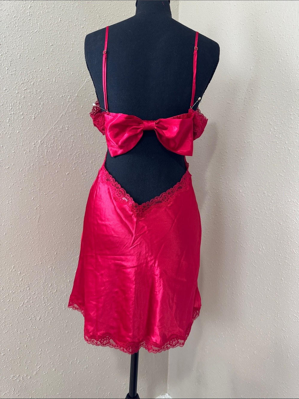 Victoria's Secret Hot Pink Satin Lace-Trim Chemise with Back Bow